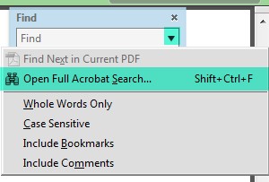 Adobe Acrobat find dialogue dropdown with open full acrobat search highlighted