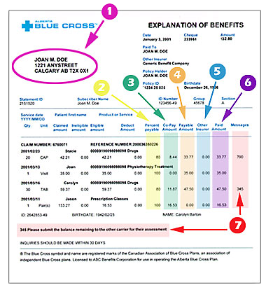 A claim statement form pointing out important areas to help understand benefit statments.