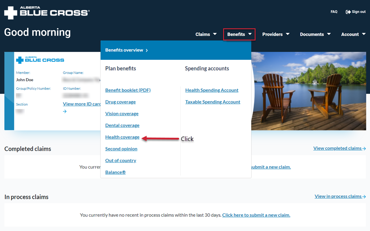 Alberta Blue Cross member site home page.