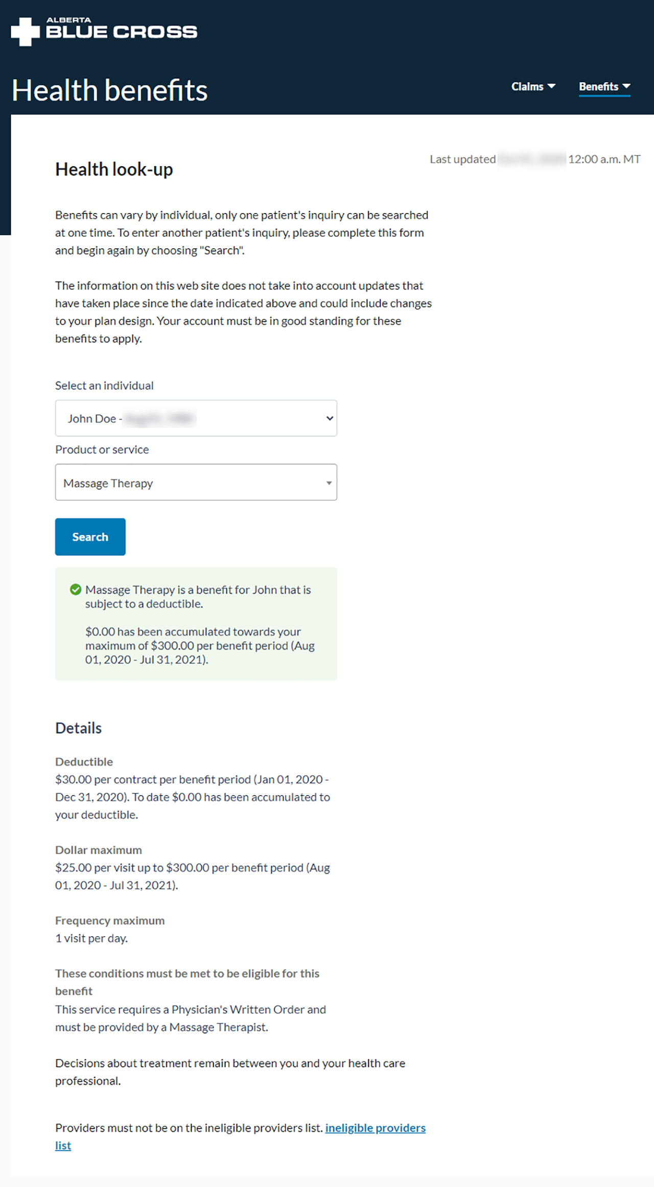 Alberta Blue Cross member site home page.