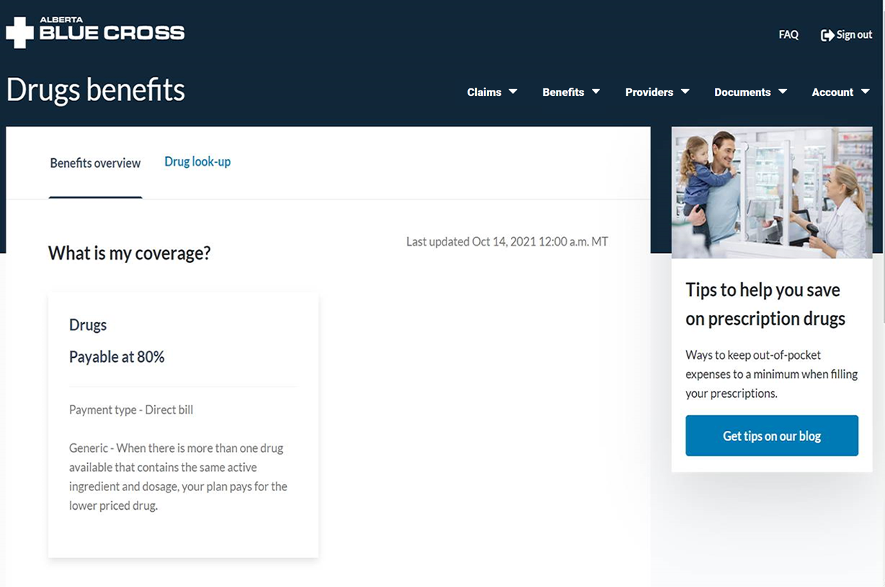 Alberta Blue Cross member site home page.