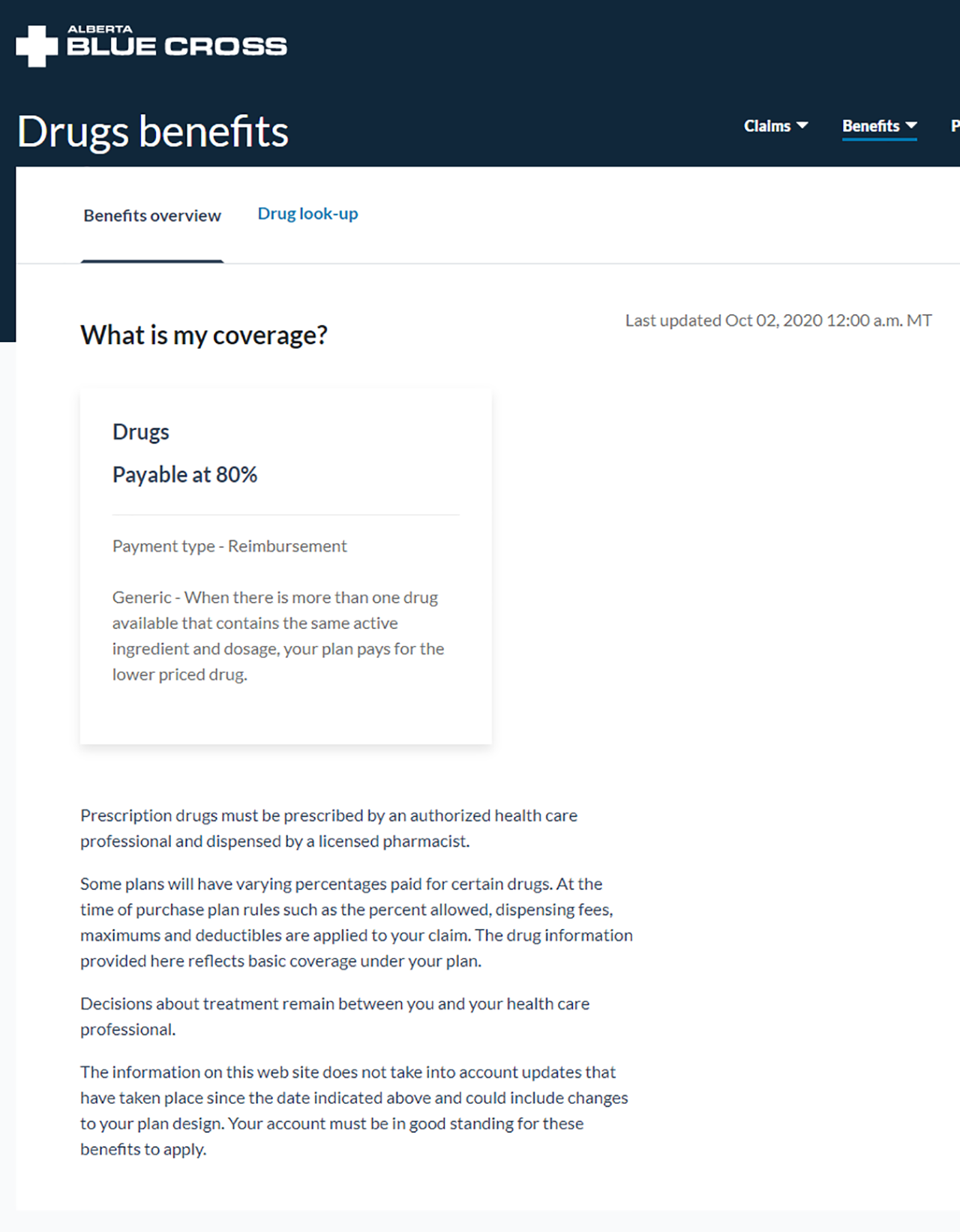 Alberta Blue Cross member site home page.
