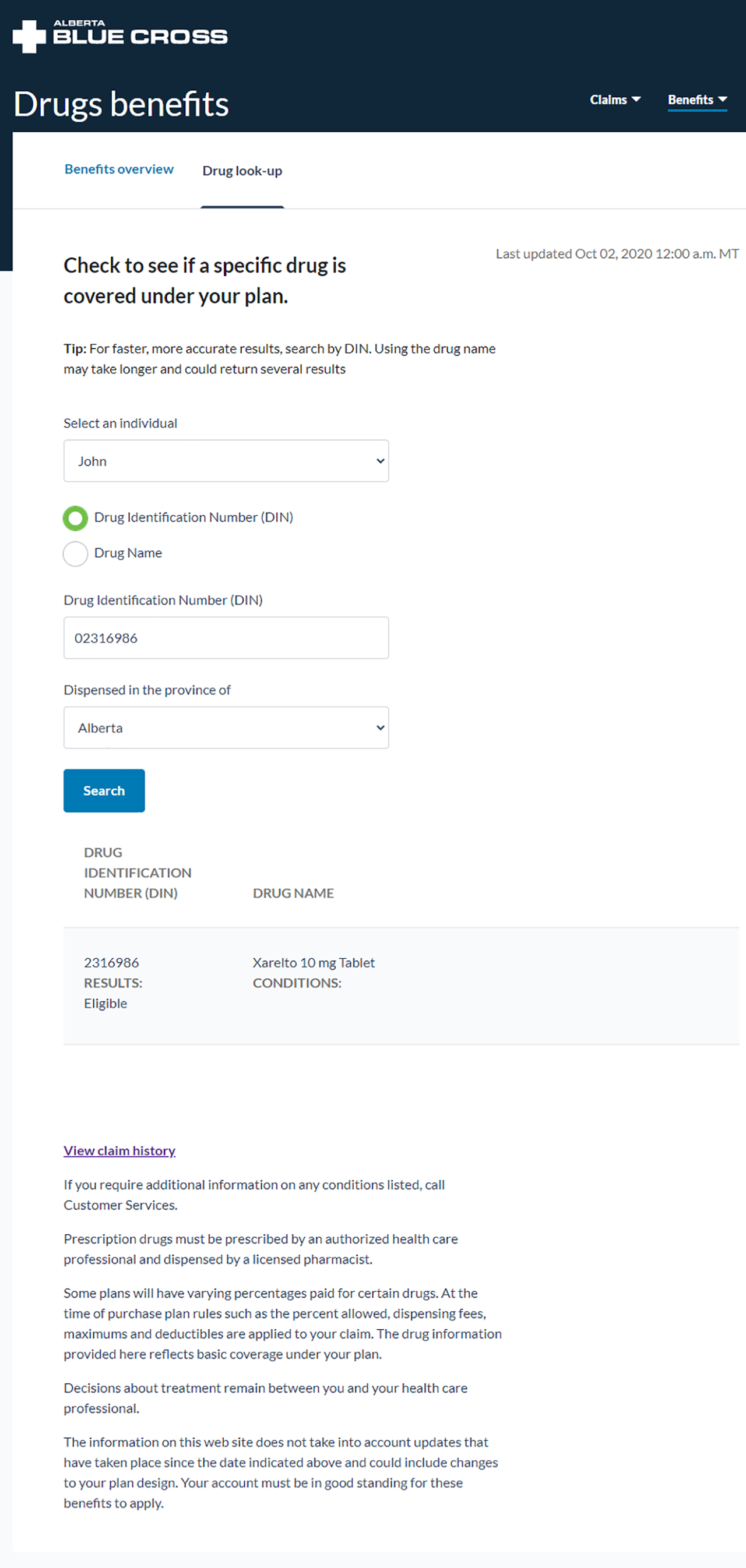 Alberta Blue Cross member site home page.