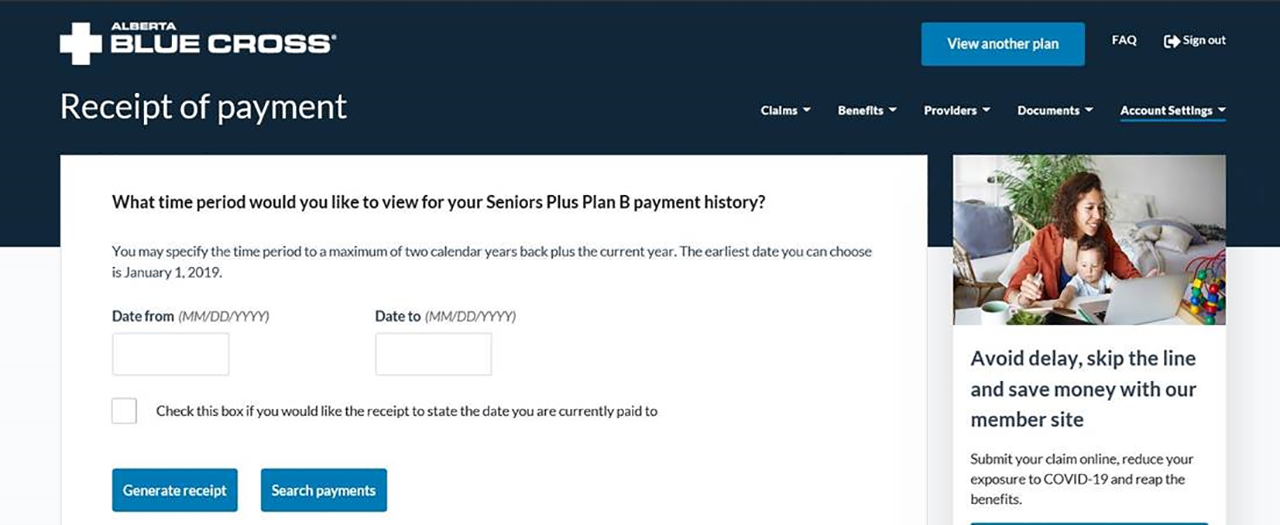 Alberta Blue Cross member site home page.