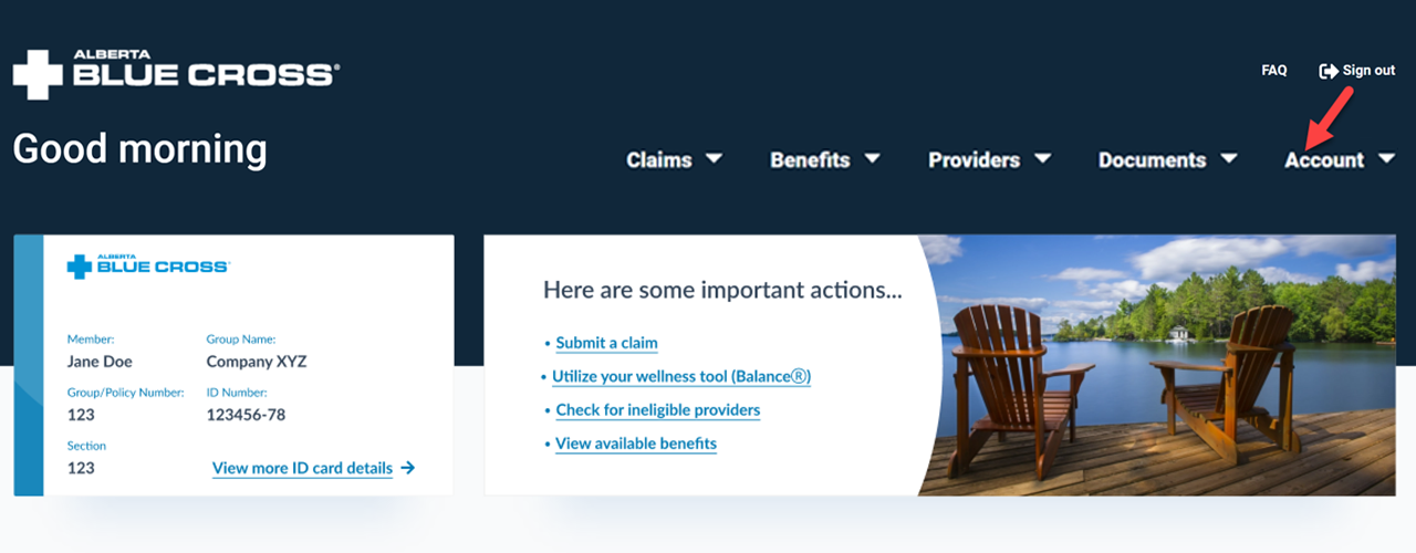 Alberta Blue Cross member site home page.