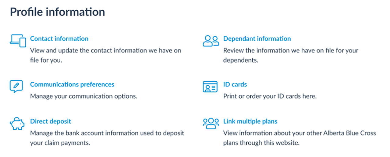 Alberta Blue Cross member site home page.