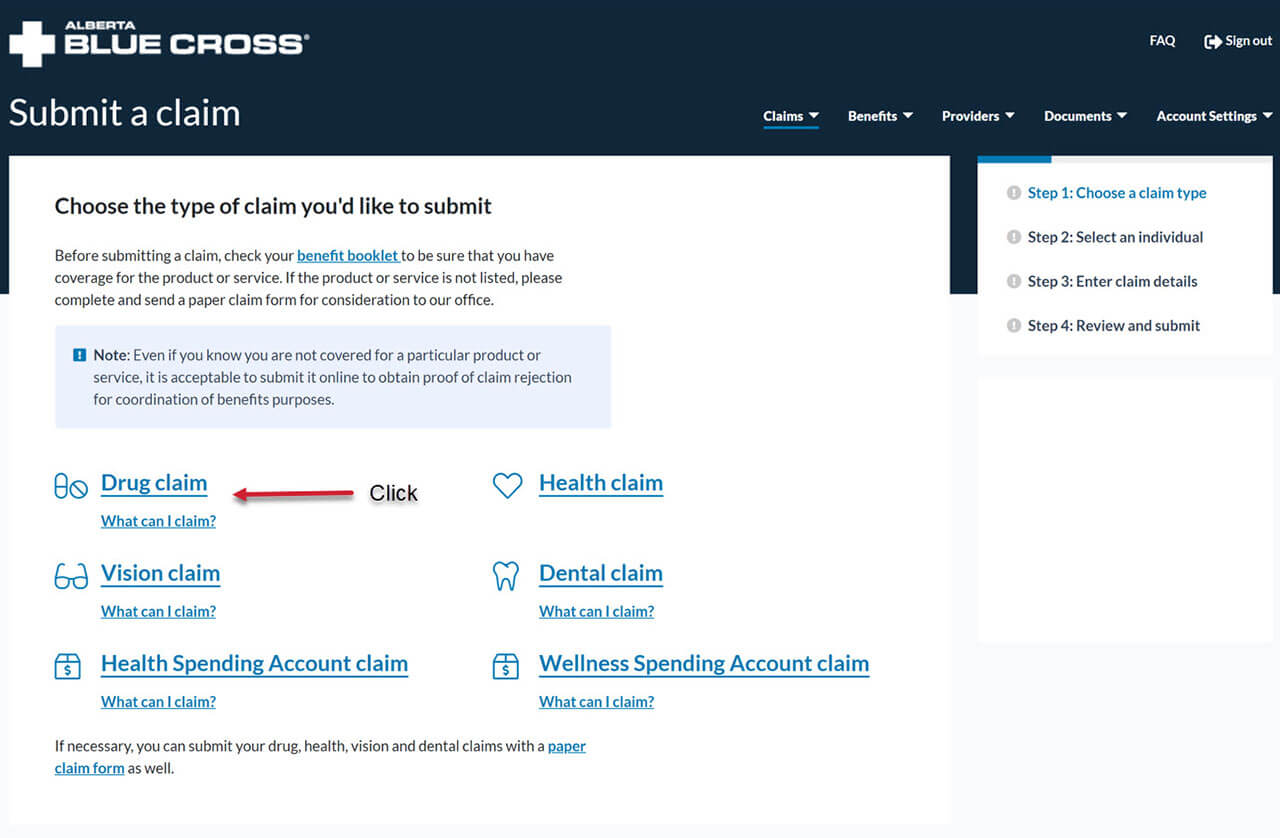 Alberta Blue Cross member site claims page.