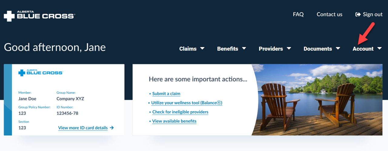 Alberta Blue Cross member site home page.