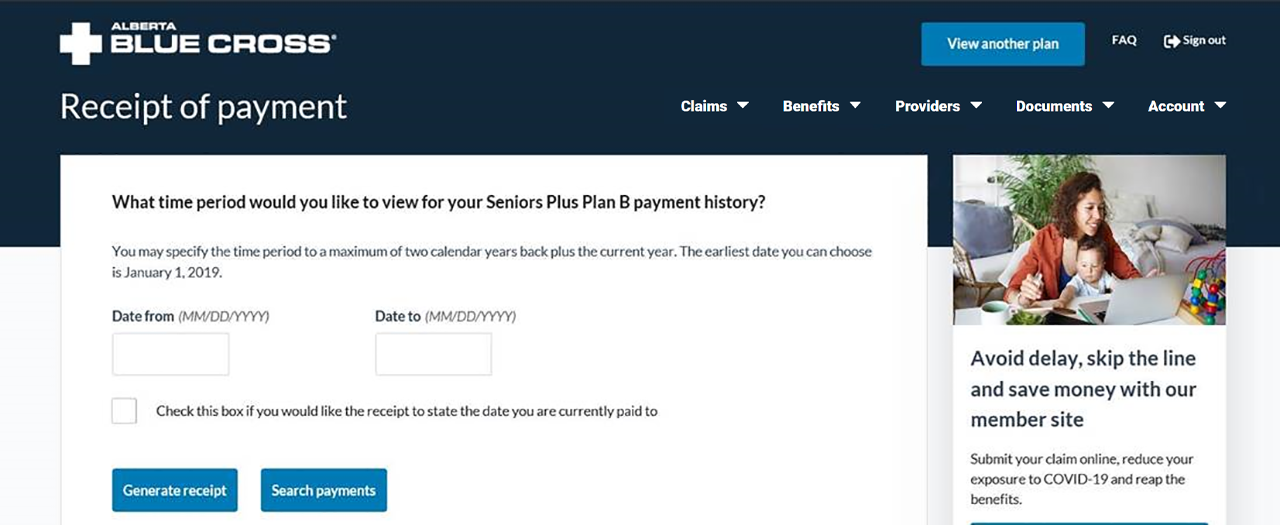 Alberta Blue Cross member site home page.