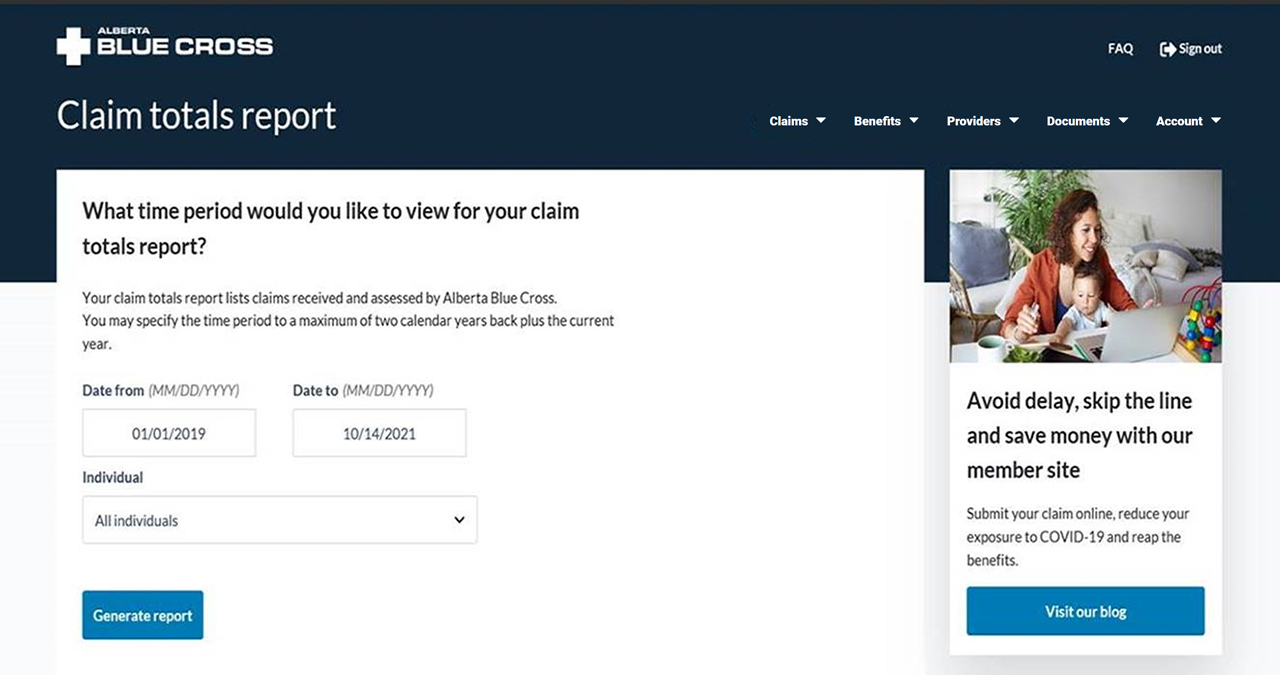 Alberta Blue Cross member site home page.
