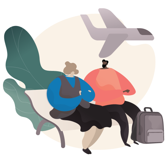 two men sitting on a bench in a park and waiting for delayed flight illustraion