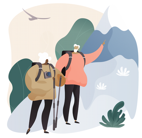 two men hiking mountains and chating