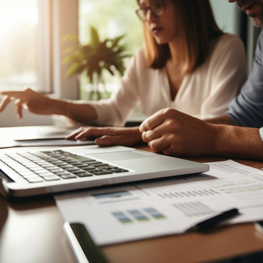 A man and a woman are filling out a spreadsheet